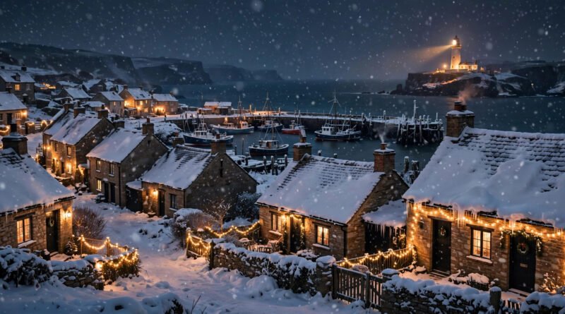 Cast of That Christmas — snowy English seaside village at Christmas night from Netflix's festive film
