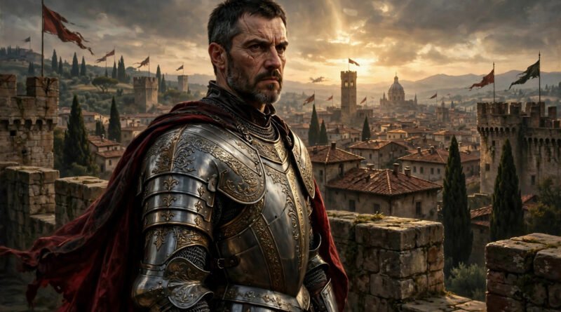 Fictional 14th-century Italian military strategist in ornate Renaissance armor before city battlements