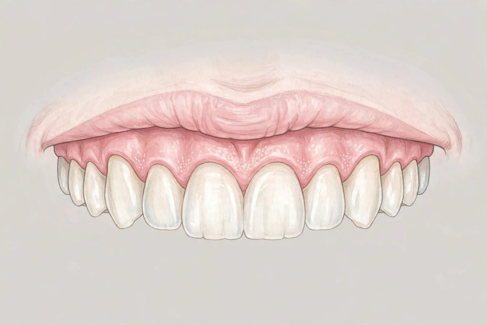 Medical illustration showing gum tissue visible above upper teeth in a gummy smile like the Charlie Kirk smile