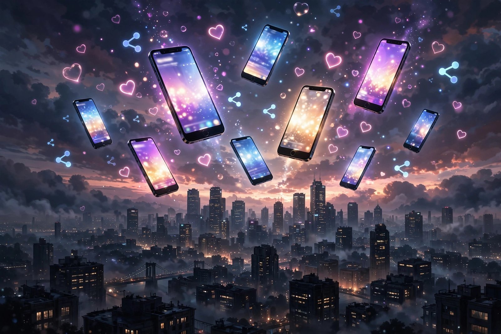 Illustration of glowing smartphones spreading a viral moment across social media