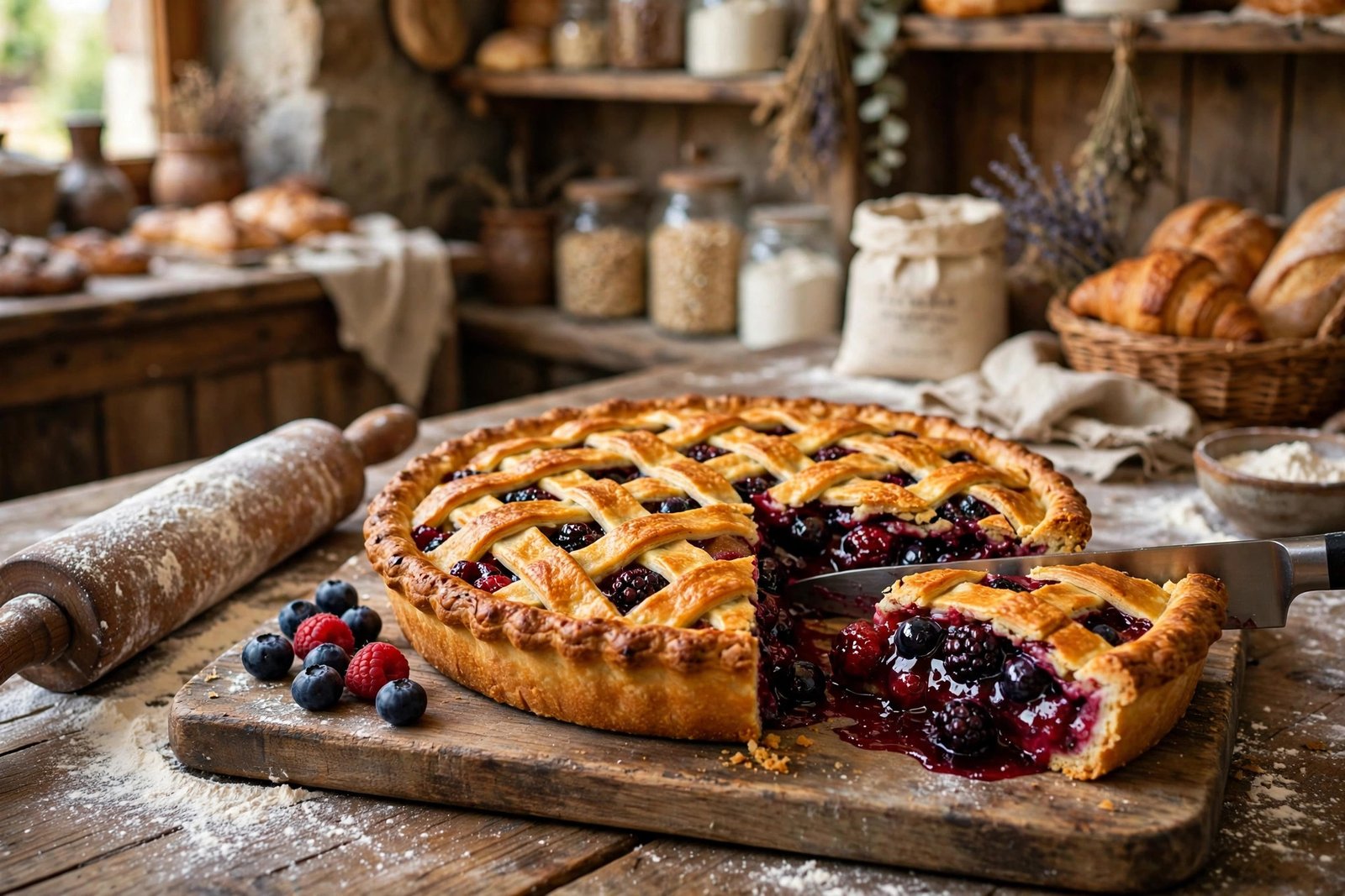 Berry lattice pie with a glossy corn starch thickened filling
