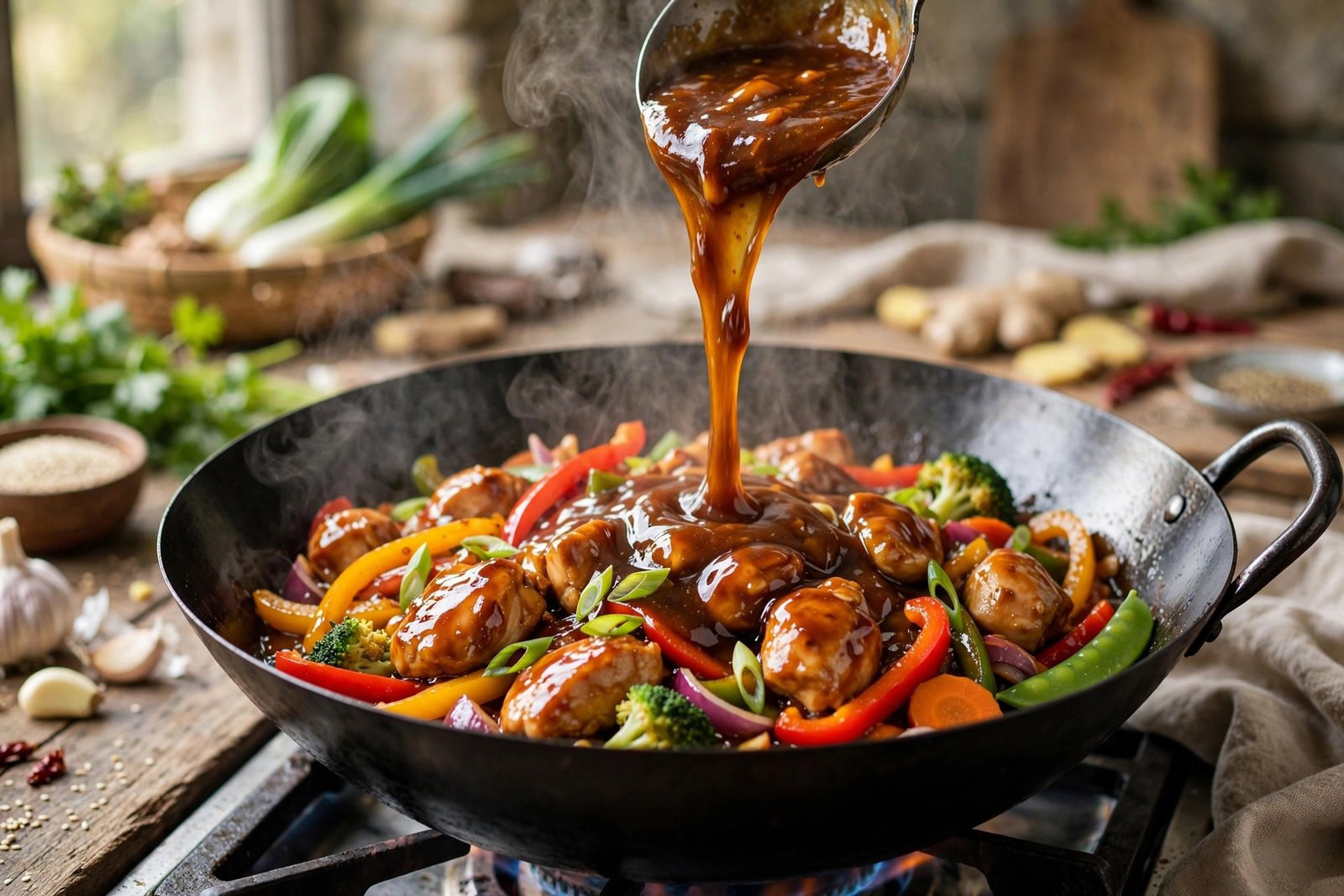 Glossy corn starch thickened stir-fry sauce poured over chicken and vegetables
