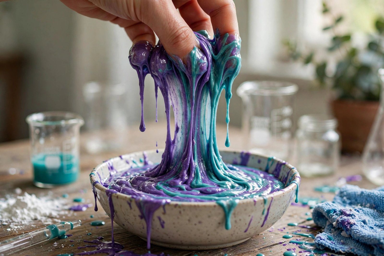 Colorful oobleck made from corn starch and water stretching between fingers