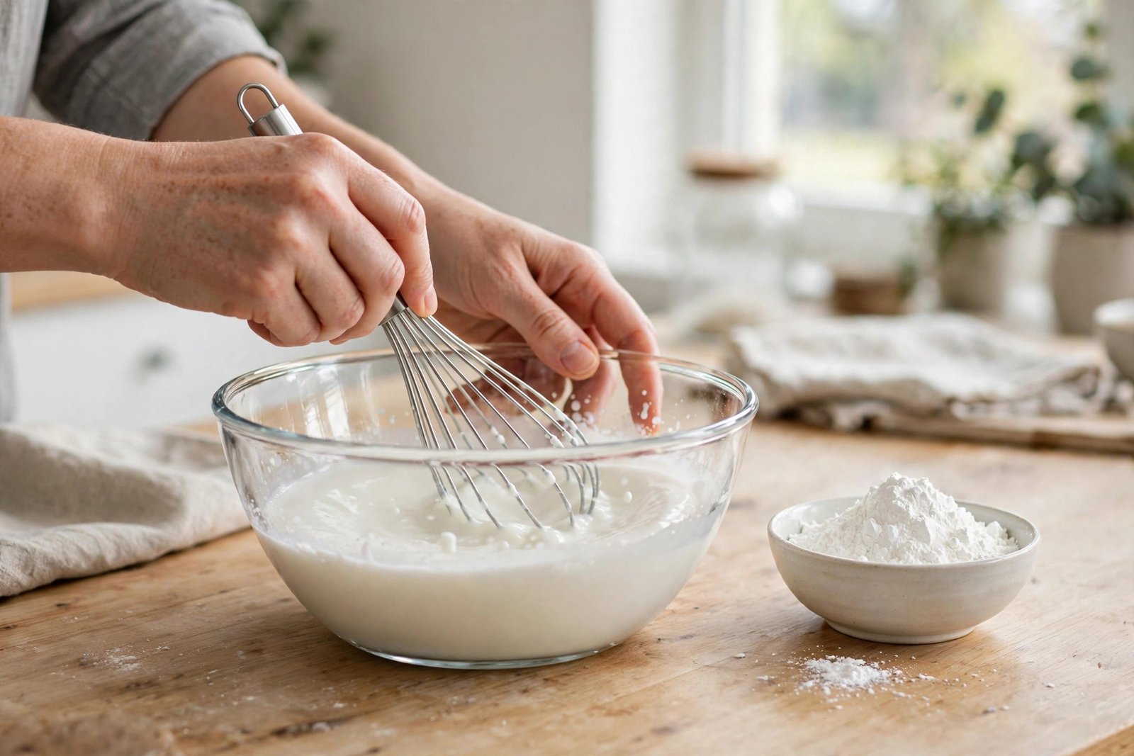 Whisking a smooth corn starch slurry in a glass bowl