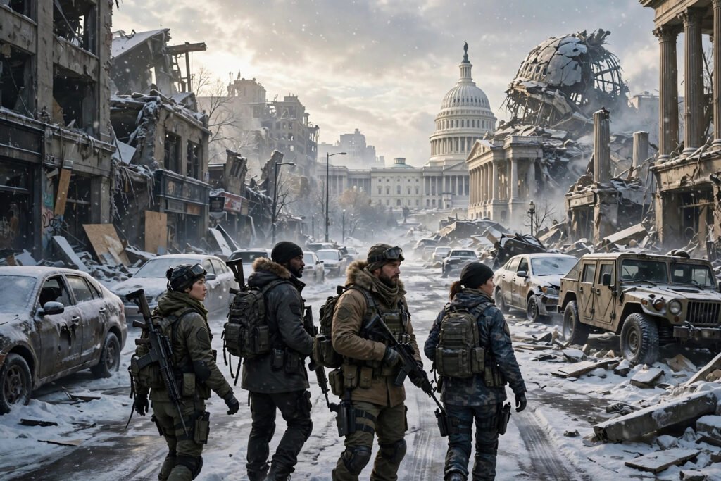 Is The Division 2 crossplay? Squad of Division 2-style agents walking through post-apocalyptic Washington D.C. toward the ruined Capitol