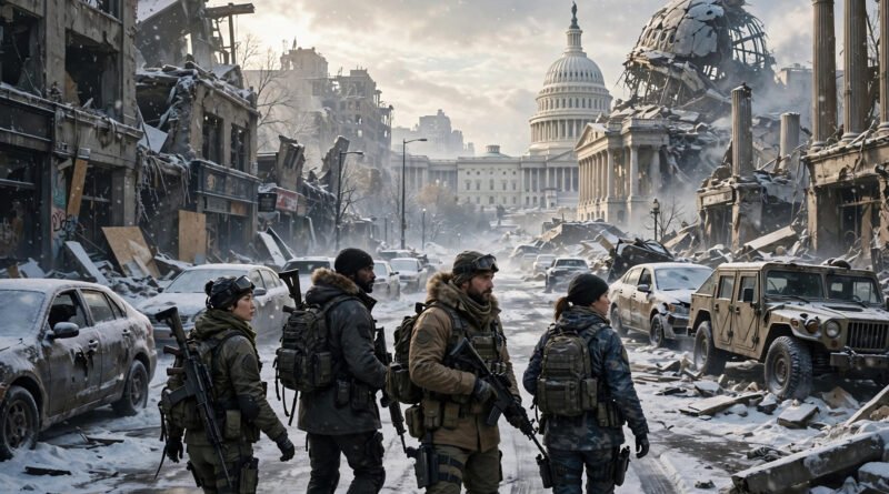 Is The Division 2 crossplay? Squad of Division 2-style agents walking through post-apocalyptic Washington D.C. toward the ruined Capitol