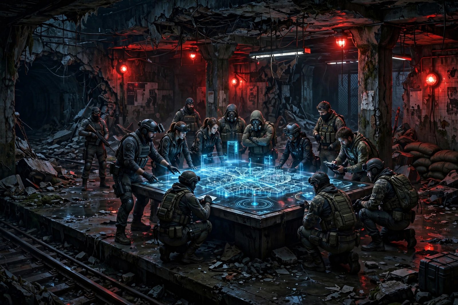 Large clan of agents planning a raid around a tactical map in an abandoned subway station