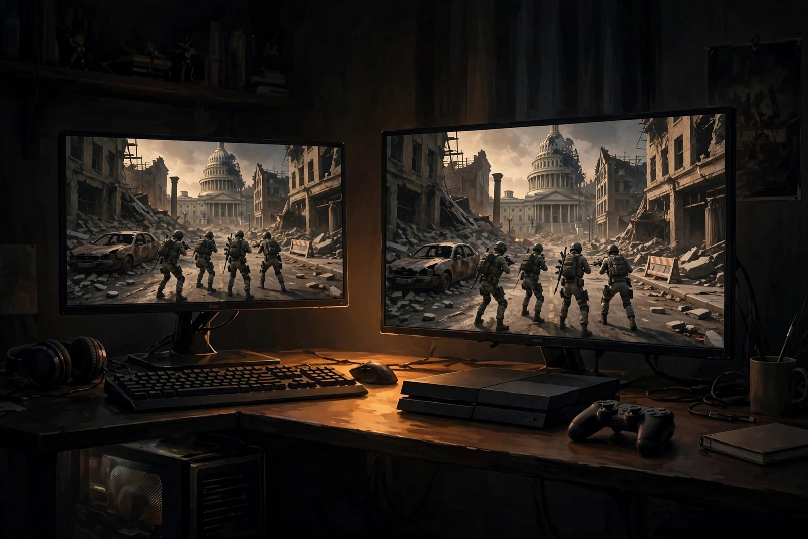 PC and console setups showing the same Division 2-style squad, representing which platforms can play together