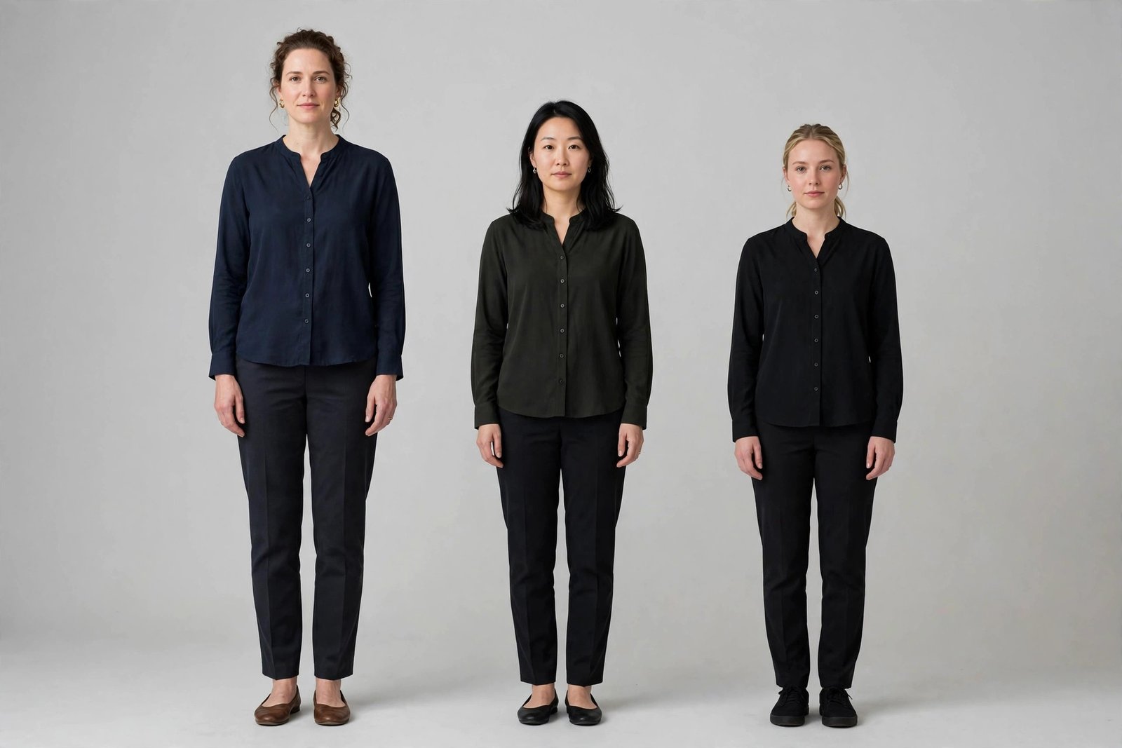 Three women of slightly different heights standing side by side