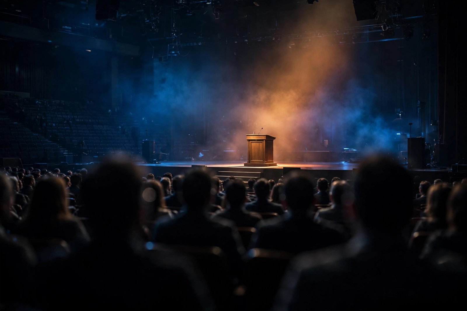 Empty podium on a debate stage under spotlights