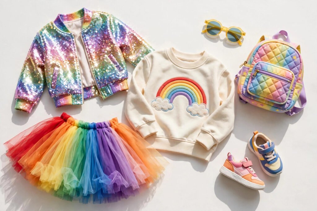 Colorful Lola and the Boys style kids outfits flat lay with tulle skirt, sequin jacket and sneakers