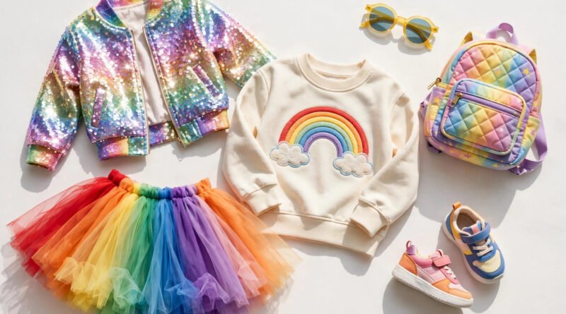 Colorful Lola and the Boys style kids outfits flat lay with tulle skirt, sequin jacket and sneakers