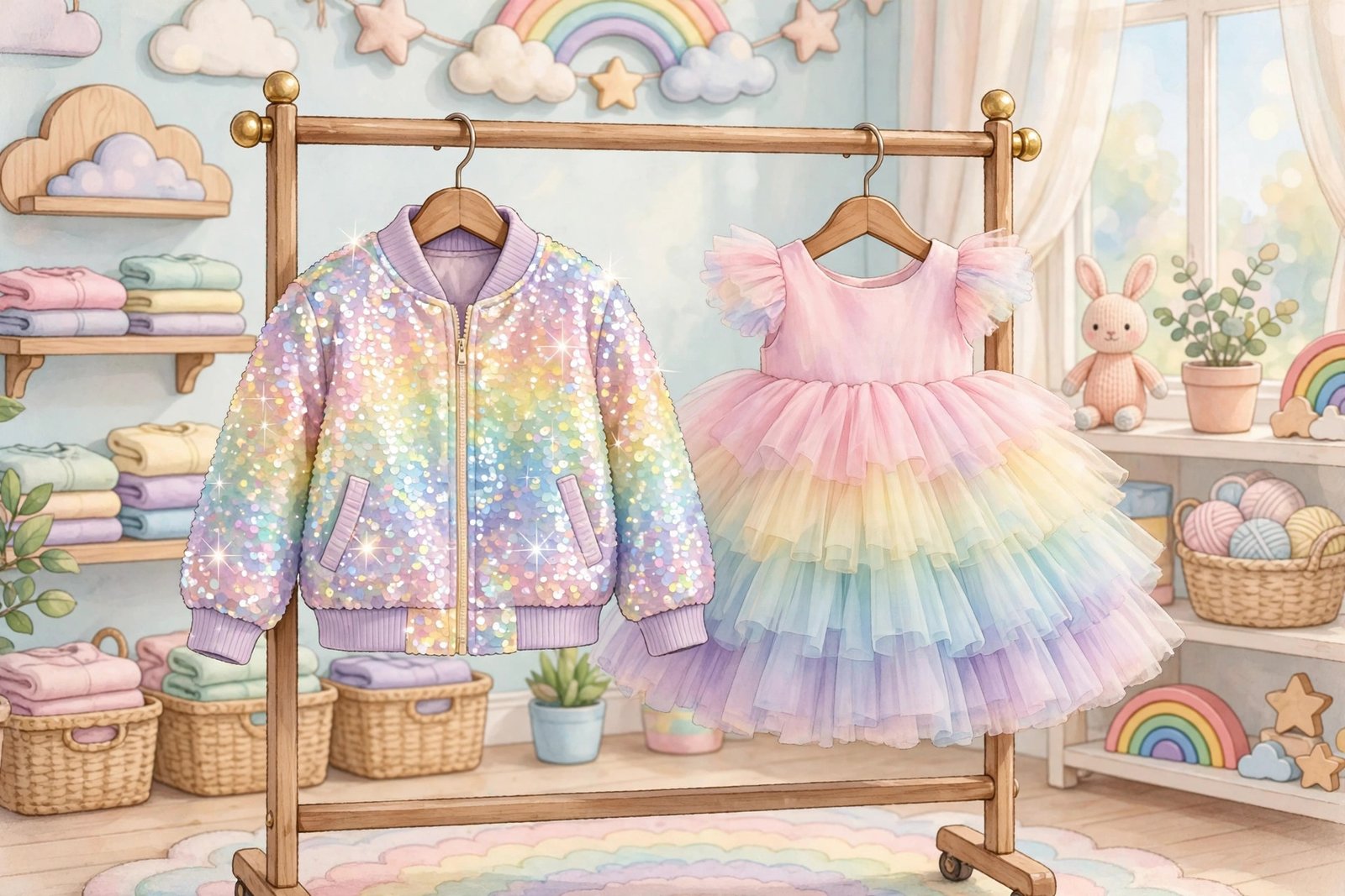 Lola and the Boys signature sequin bomber jacket and rainbow tulle dress on a boutique clothing rack