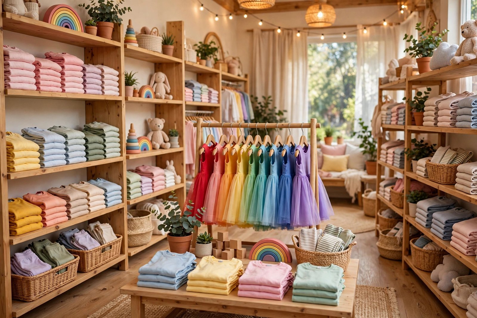 Bright kids clothing store display with colorful Lola and the Boys style dresses and tees