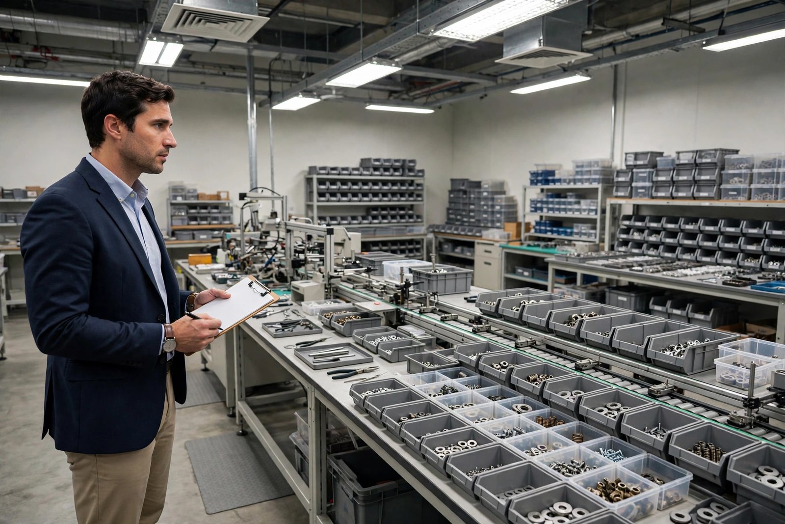Business consultant reviewing operational processes on a production floor