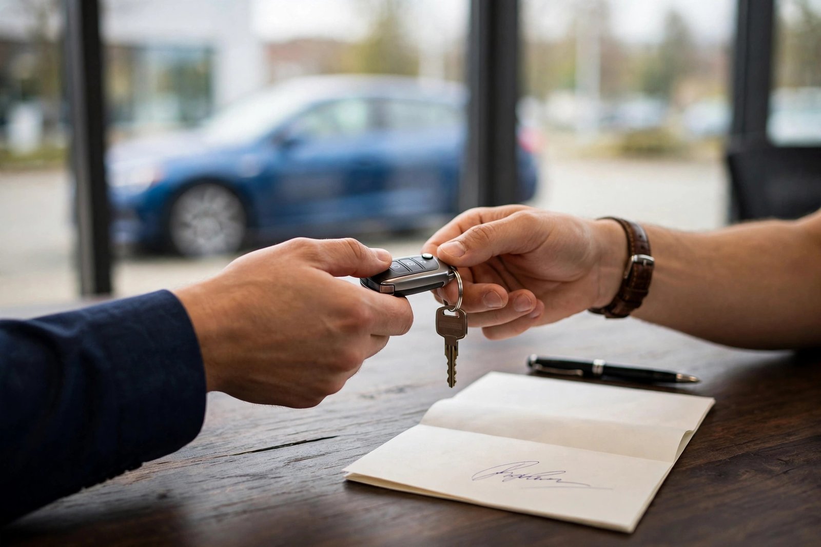 Signing lease paperwork and receiving the car keys