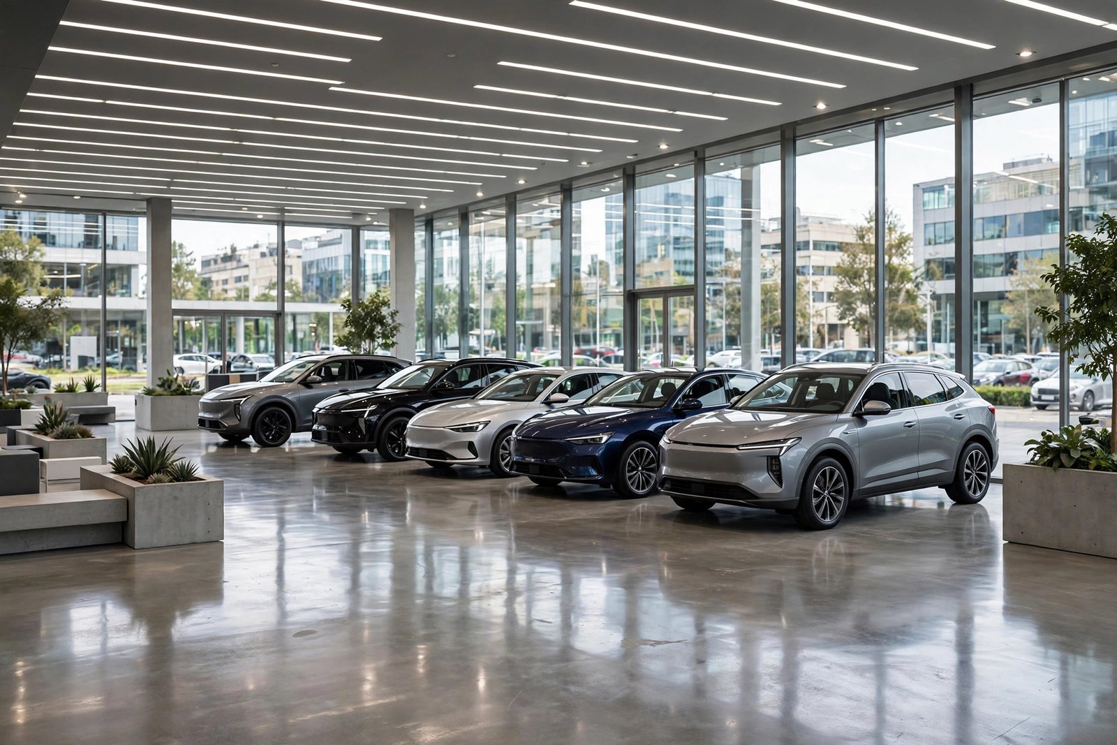Cars lined up in a dealership showroom while shopping for Toyota lease deals