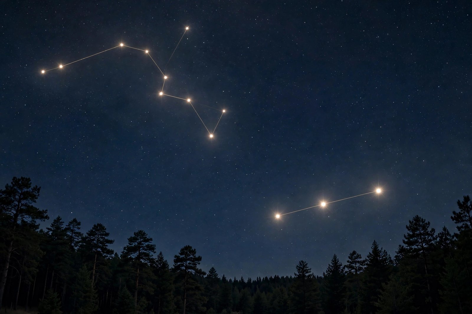 Big Dipper and Orion constellation patterns traced by glowing star lines above pine trees