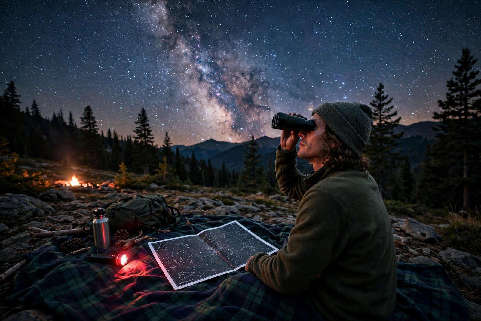 Stargazer with binoculars on a blanket under the stars with a red flashlight and star chart