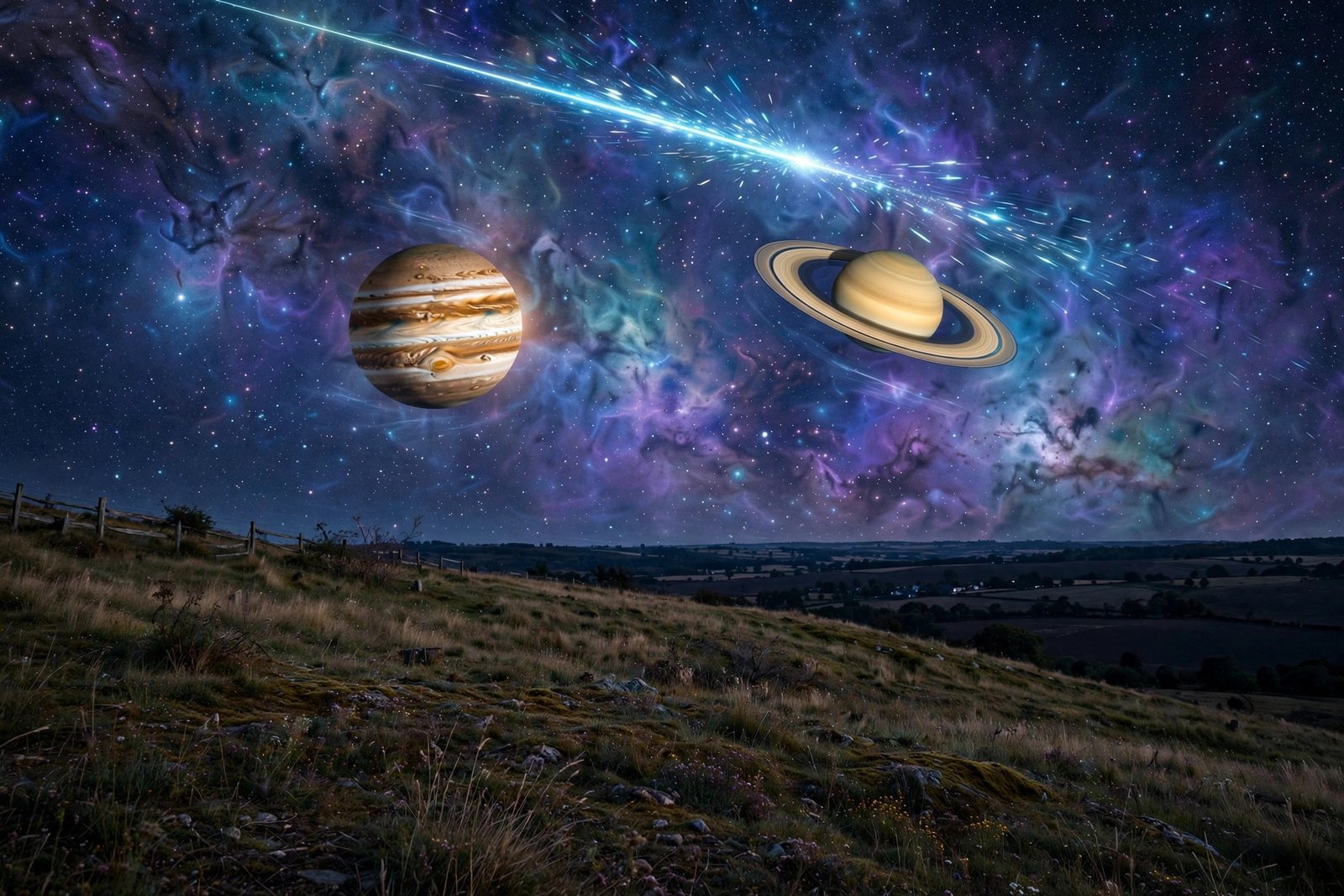 Jupiter and Saturn shining brightly in the night sky with a shooting star streaking past