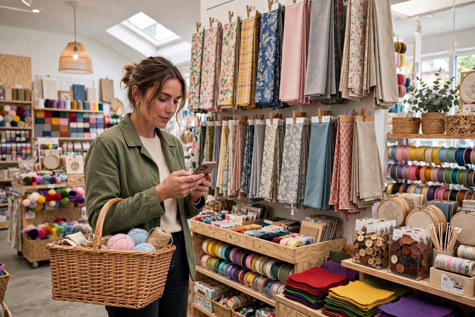 A shopper checking her phone while browsing fabric inside a craft store