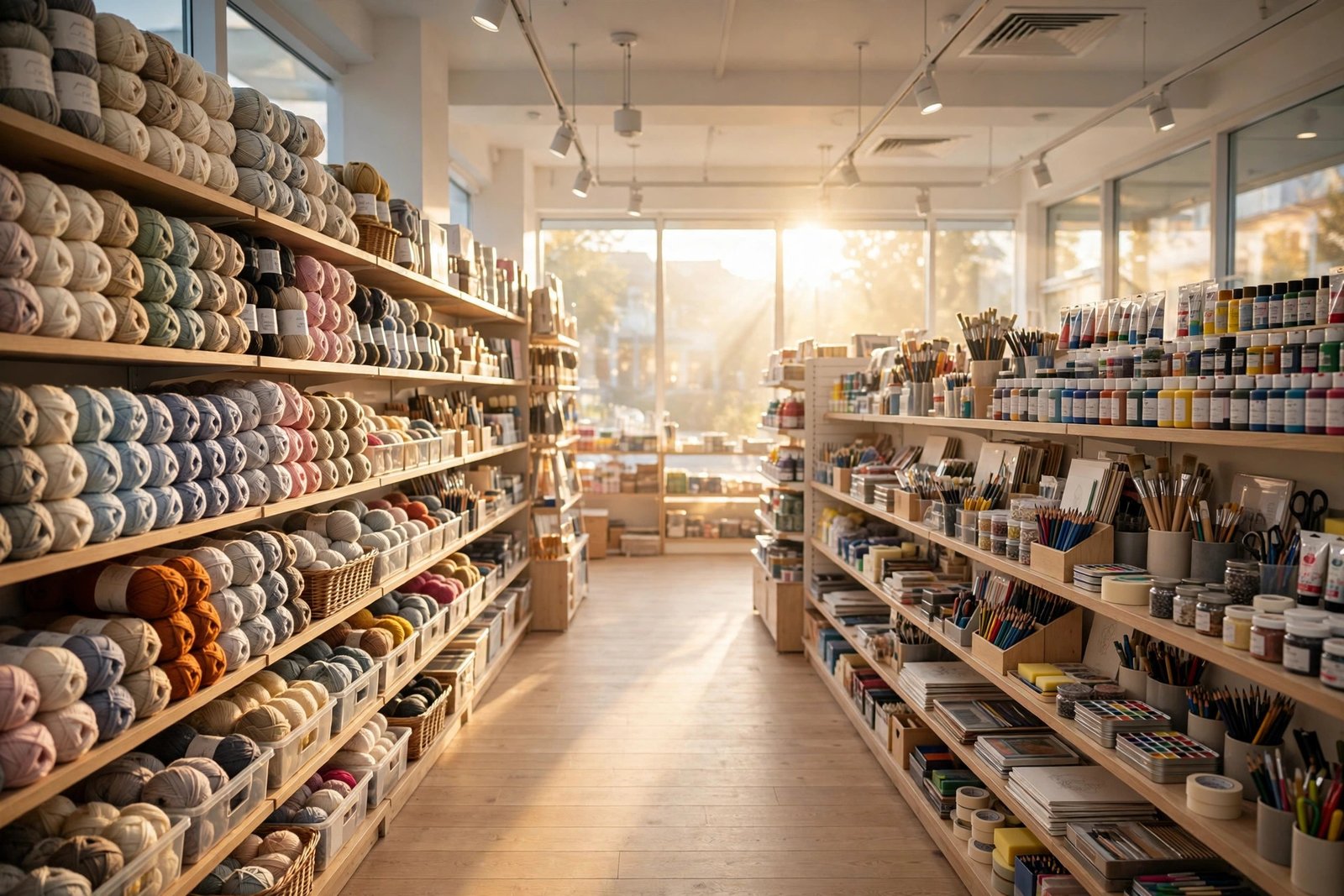 Hobby Lobby hours: inside a Hobby Lobby craft store in the morning, shelves of yarn and art supplies under bright light
