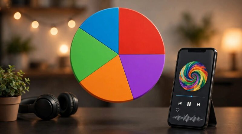 Colorful Spotify pie chart visualization of music listening habits beside a smartphone