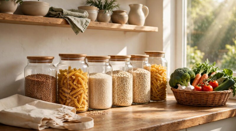 Bright zero waste kitchen with glass pantry jars, cotton tote bag and fresh vegetables