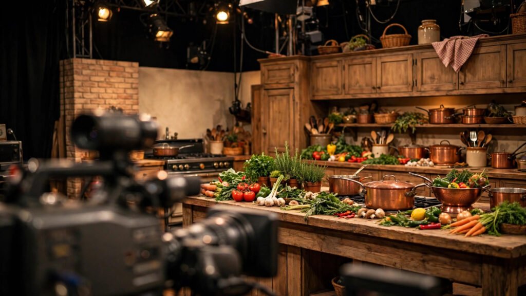A 1990s-style food television studio kitchen set, recalling Kate Connelly's Food Network era