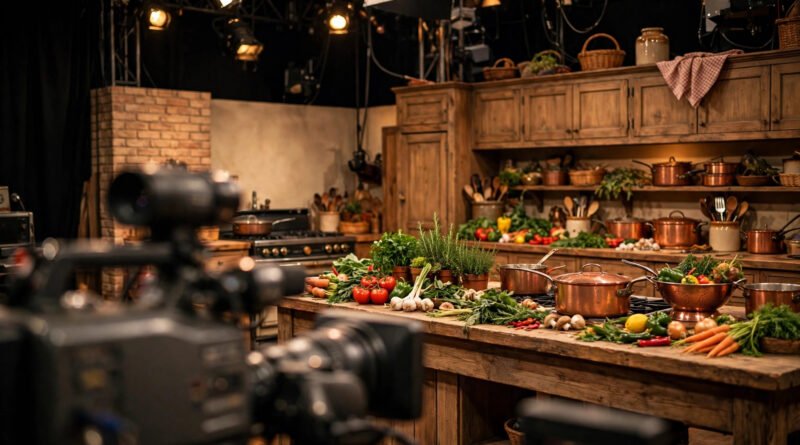 A 1990s-style food television studio kitchen set, recalling Kate Connelly's Food Network era