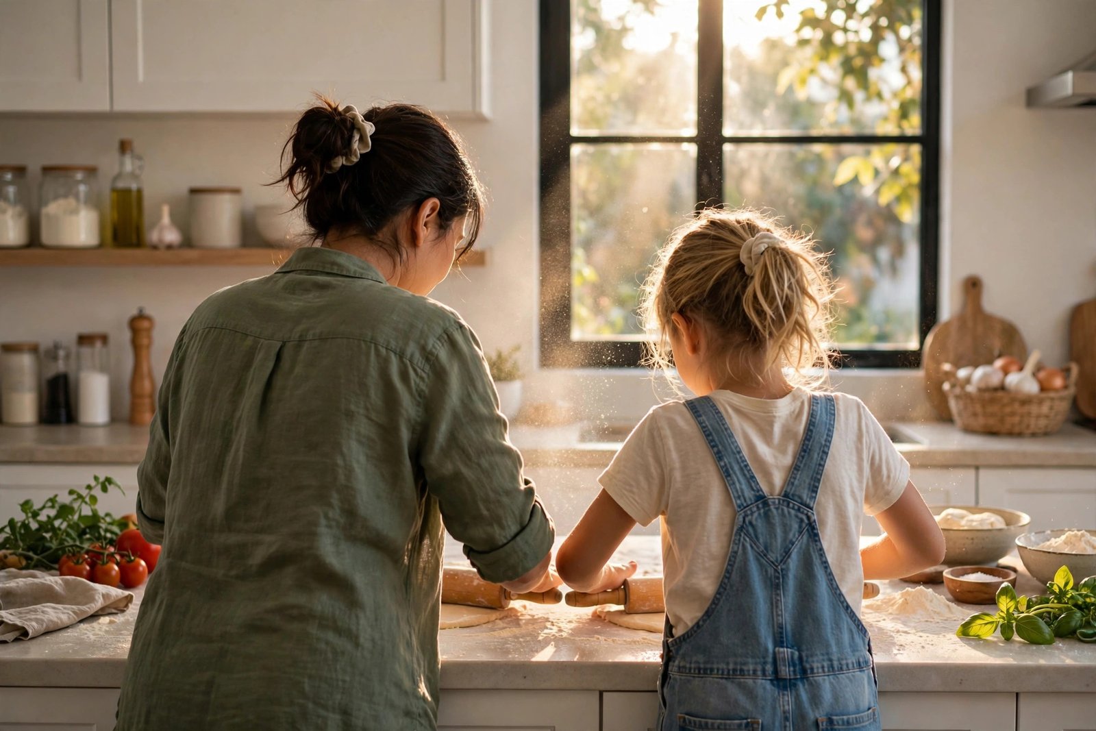 A mother and daughter rolling out dough together in a sunlit home kitchen