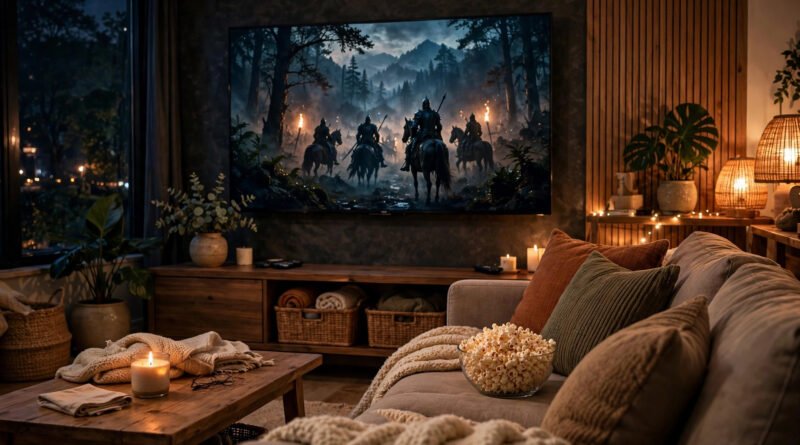 Cozy living room at night with a glowing TV streaming a movie online