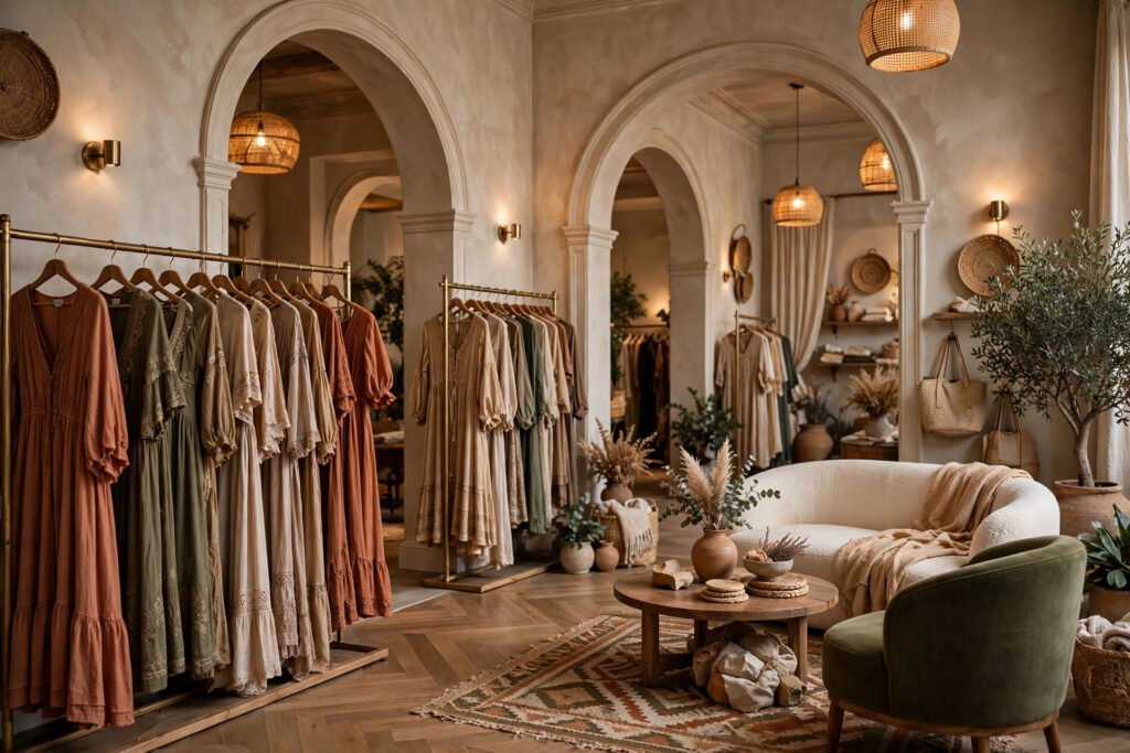 Altar'd State boutique interior with boho dresses, warm lighting and arched doorways