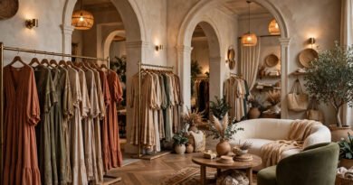 Altar'd State boutique interior with boho dresses, warm lighting and arched doorways