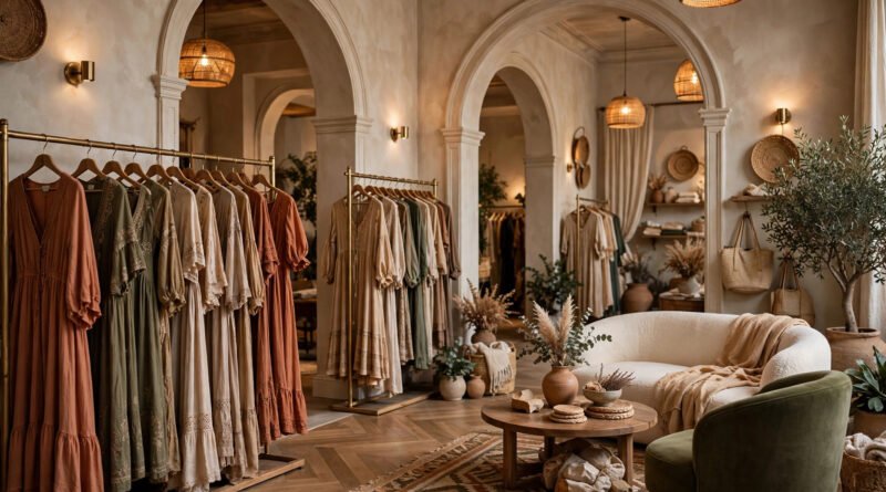 Altar'd State boutique interior with boho dresses, warm lighting and arched doorways