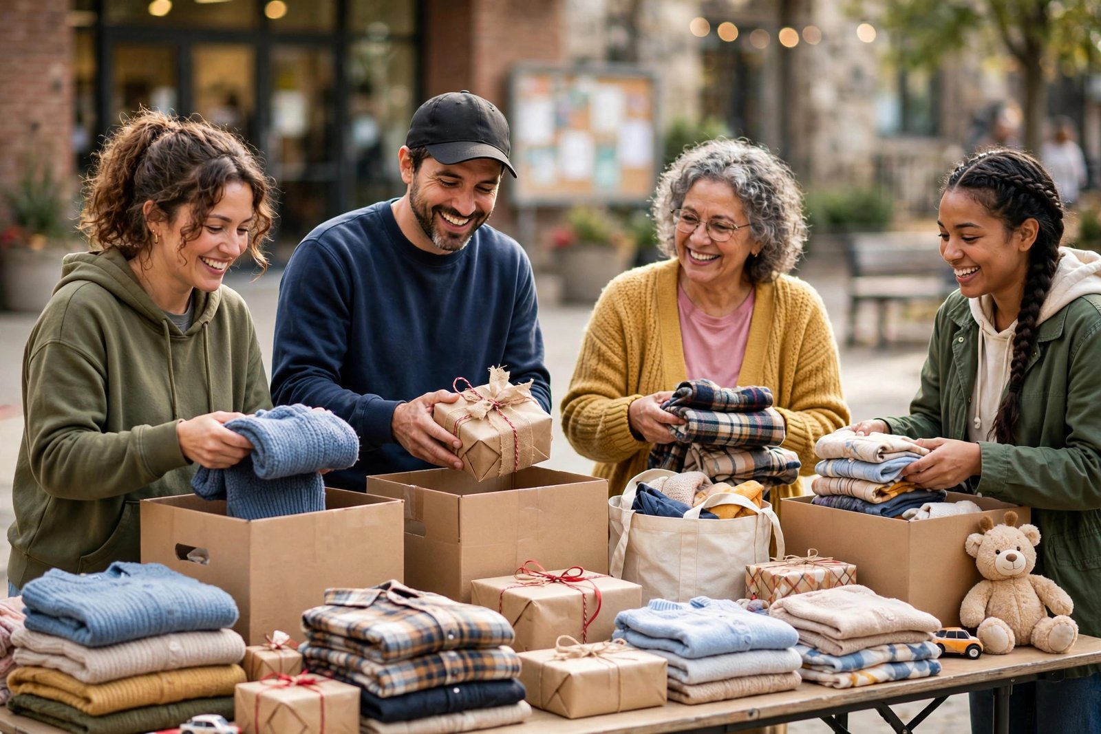Volunteers packing donation boxes with folded clothes and gift packages