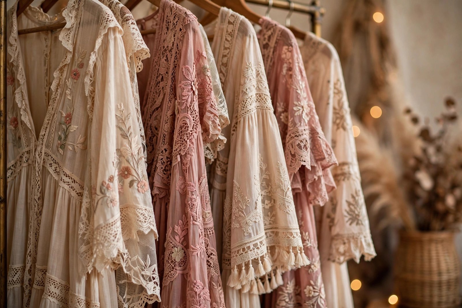 Flowy boho lace dresses in cream and dusty rose tones on a boutique clothing rack