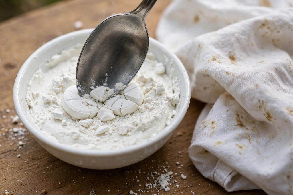 Crushed aspirin paste prepared for stain removal