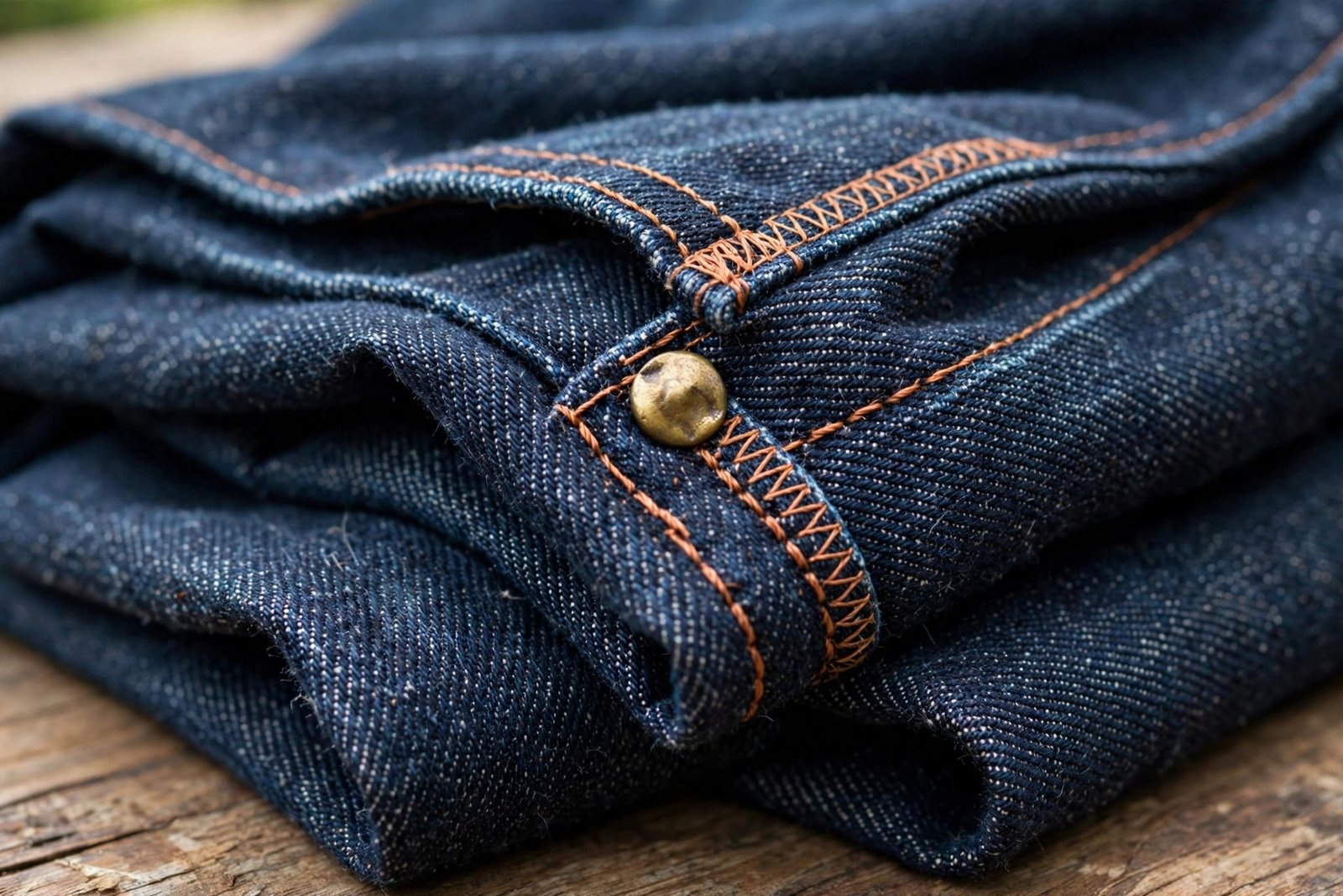 Close-up of indigo denim fabric texture and stitching on baggy jeans