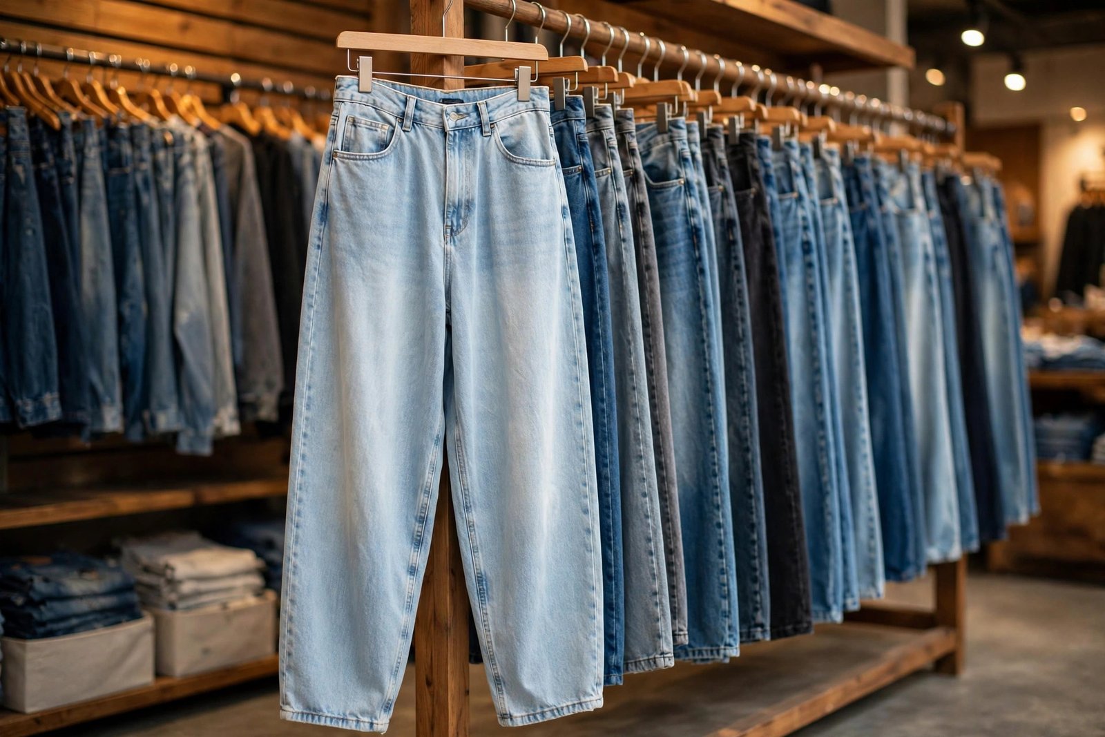 Baggy jeans in different washes on a store rack showing loose leg fits