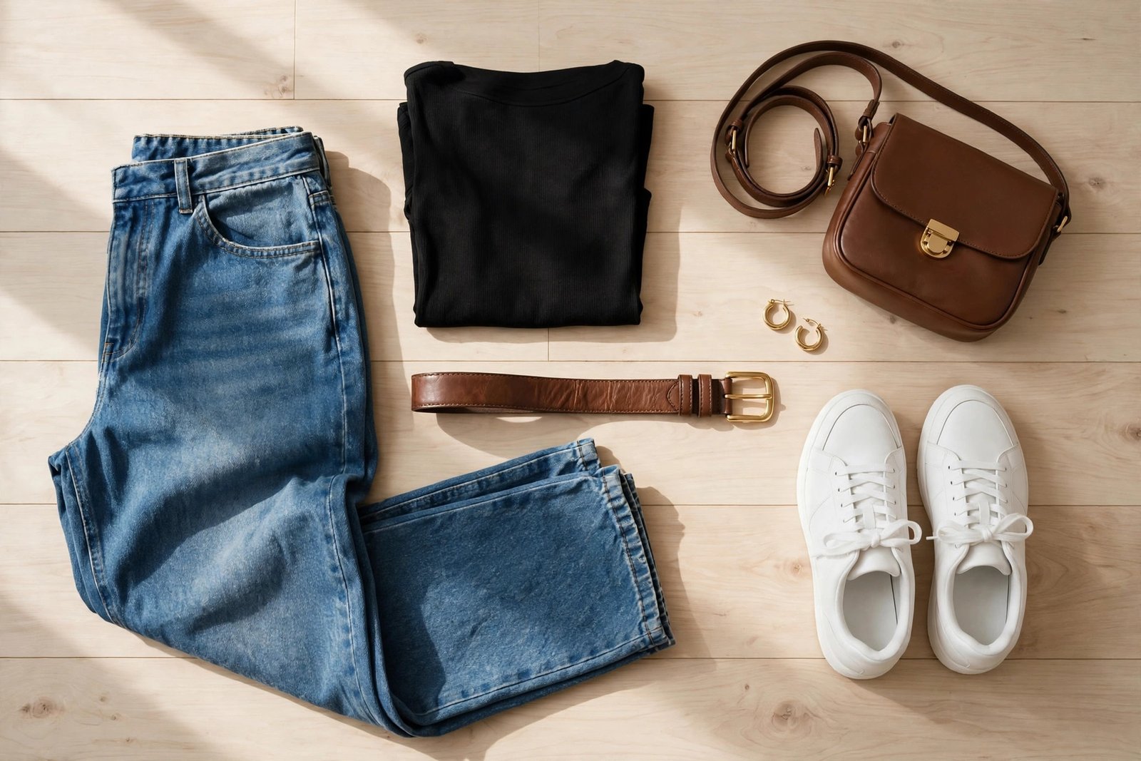 Flat-lay of a baggy jeans outfit with fitted black top, belt, sneakers and accessories