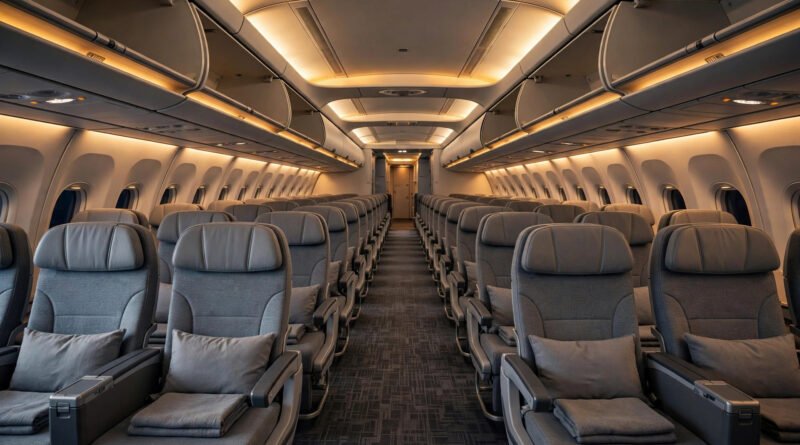 Spacious wide-body economy cabin of one of the best airlines for long flights, with warm ambient lighting