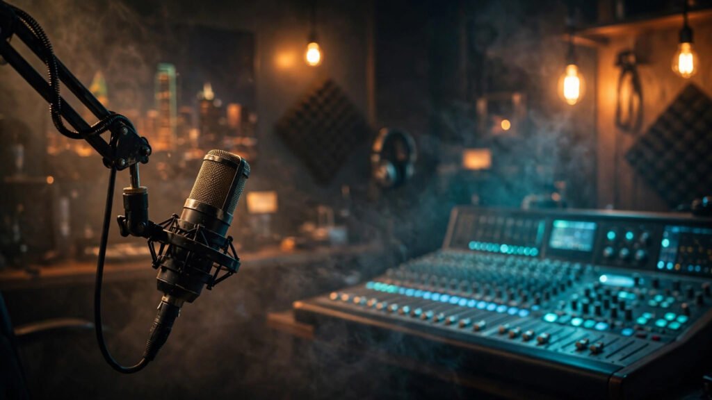 Big X the Plug age — recording studio scene with vintage microphone from his Dallas rap career