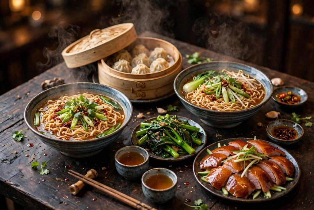 Chinese food spread with noodles, dumplings and tea on a restaurant table