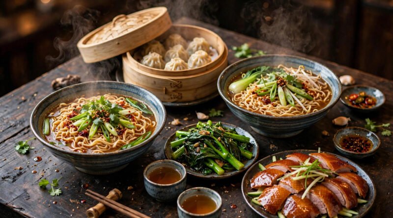Chinese food spread with noodles, dumplings and tea on a restaurant table