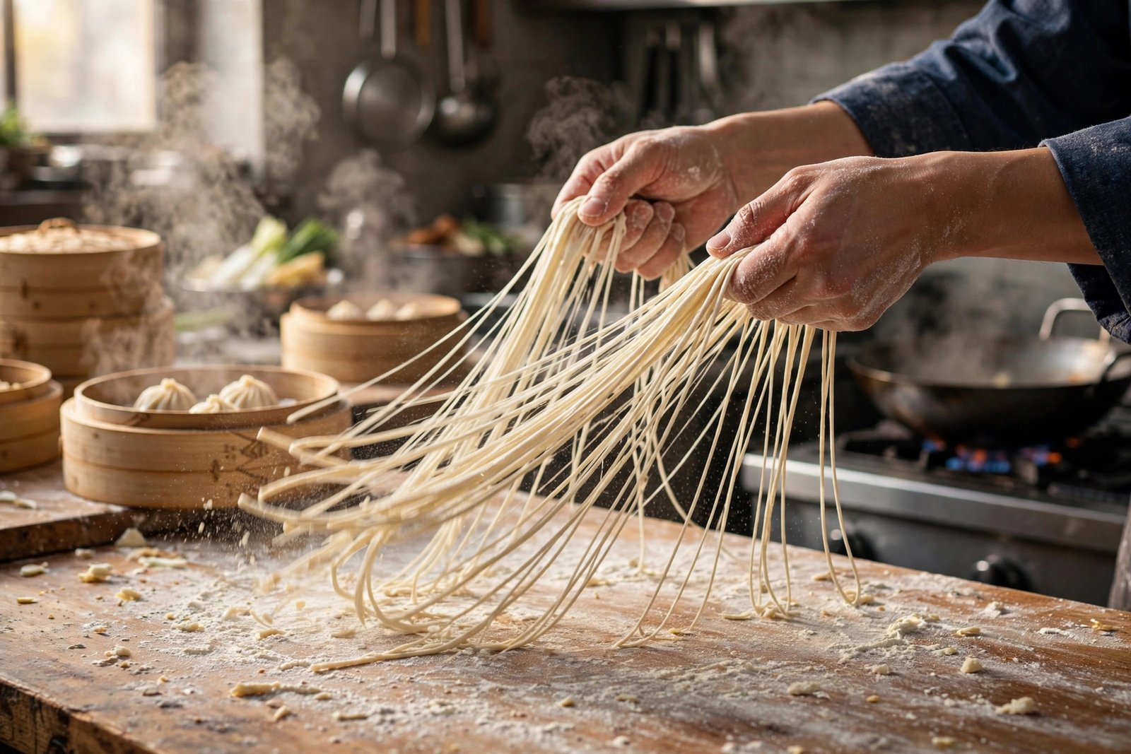Chef hand-pulling noodles with steaming dim sum baskets in a Chinese restaurant kitchen