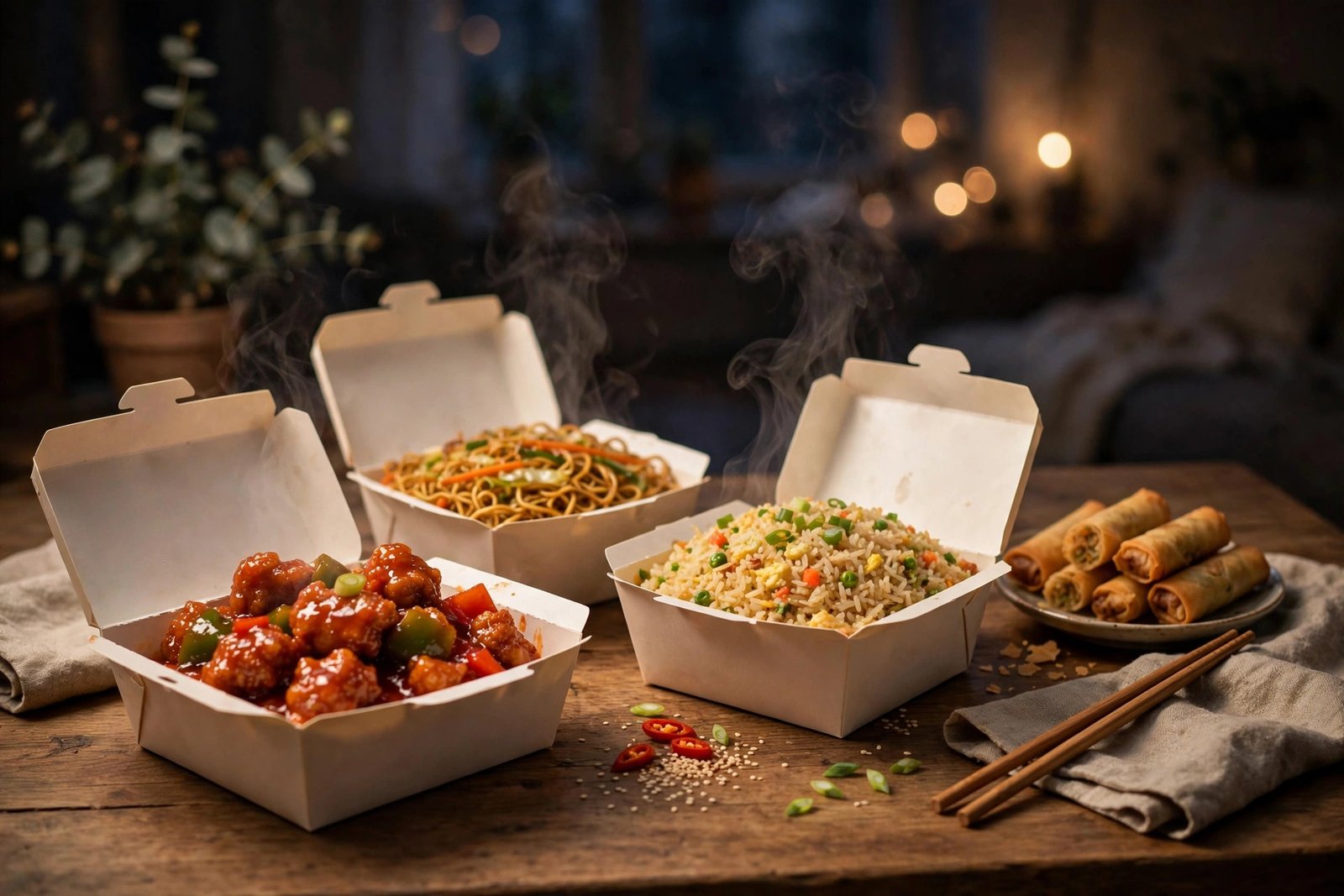 Chinese takeaway dishes in paper containers on a home dining table