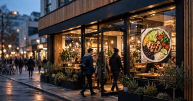 Chipotle-style Mexican restaurant storefront at dusk with warm glowing windows and customers entering