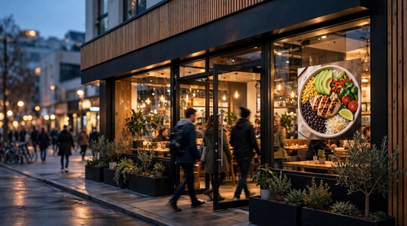 Chipotle-style Mexican restaurant storefront at dusk with warm glowing windows and customers entering