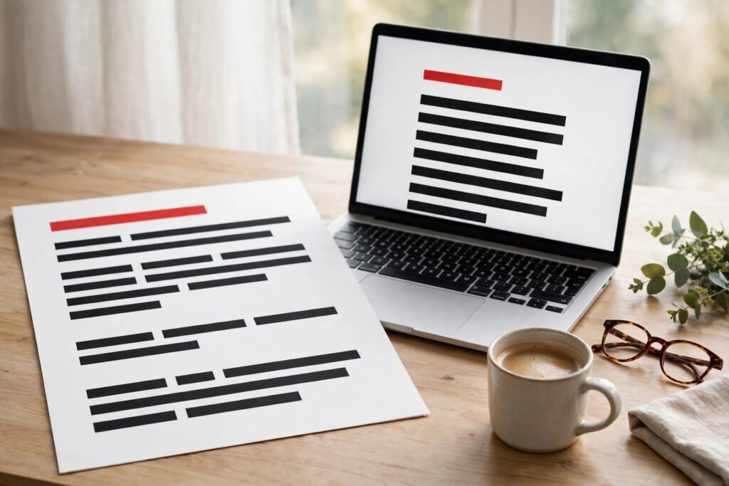Laptop showing a minimalist news aggregator homepage with headline rows and a red accent bar